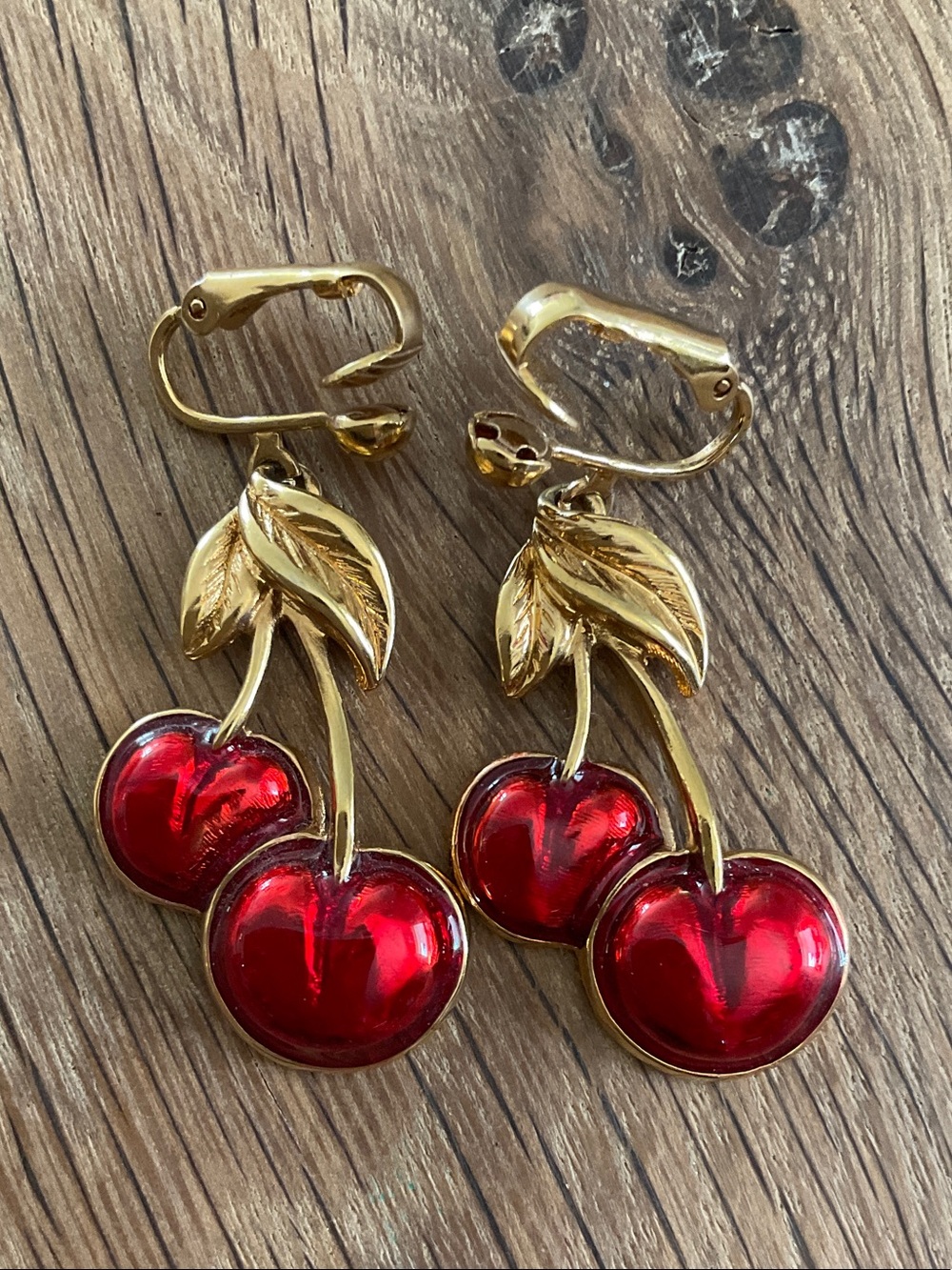 Avon Gold-Tone Red Cherry Drop Earrings Clip On